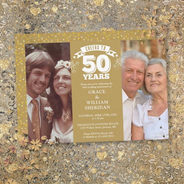 Invitación Felicidades por el 50 aniversario de boda 2 fotos (Cheers To 50th Wedding Anniversary 2 Photo Invitation)