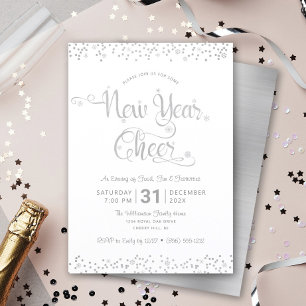 Invitación Felicitación de Año Nuevo en Blanco y Plata con Co