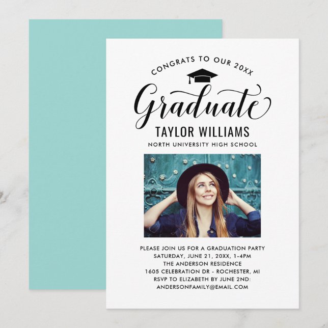 Invitación Felicitaciones a nuestra foto de escritura negra p (Anverso / Reverso)