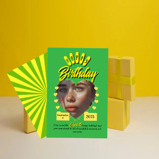 Invitación Felicitaciones de cumpleaños retro verdes y amaril
