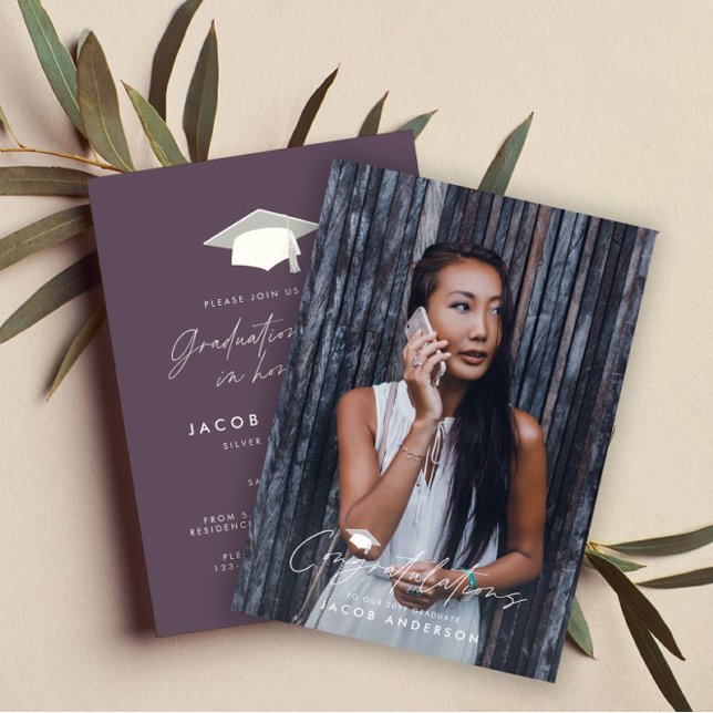 Invitación Felicitaciones de graduación simple foto morada (Subido por el creador)