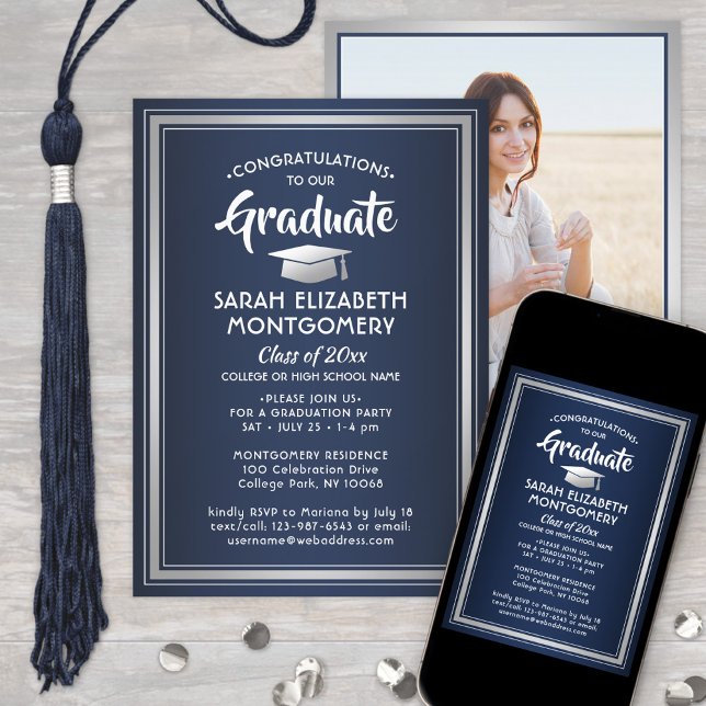 Invitación Felicitaciones Elegante foto de graduación azul de (Subido por el creador)