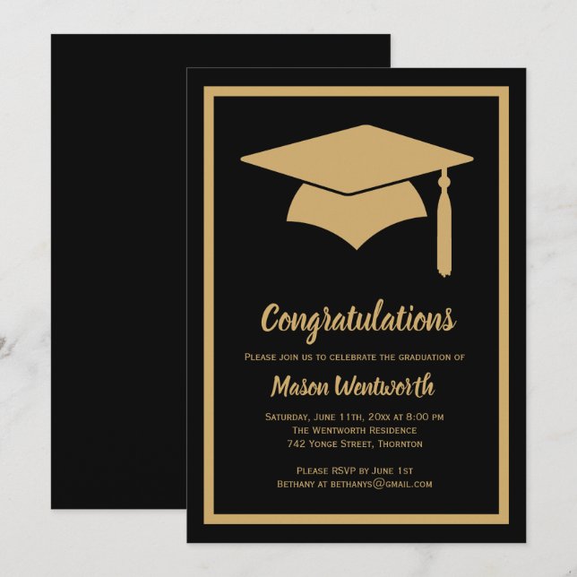 Invitación Felicitaciones Faux Gold / Black Grad Invitation (Anverso / Reverso)
