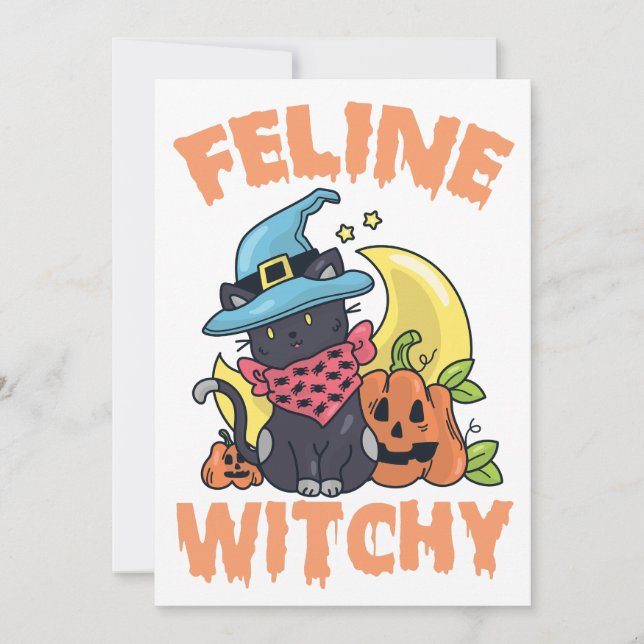 Invitación Feline Witchy Funny Spooky Halloween Cat Kitten (Anverso)