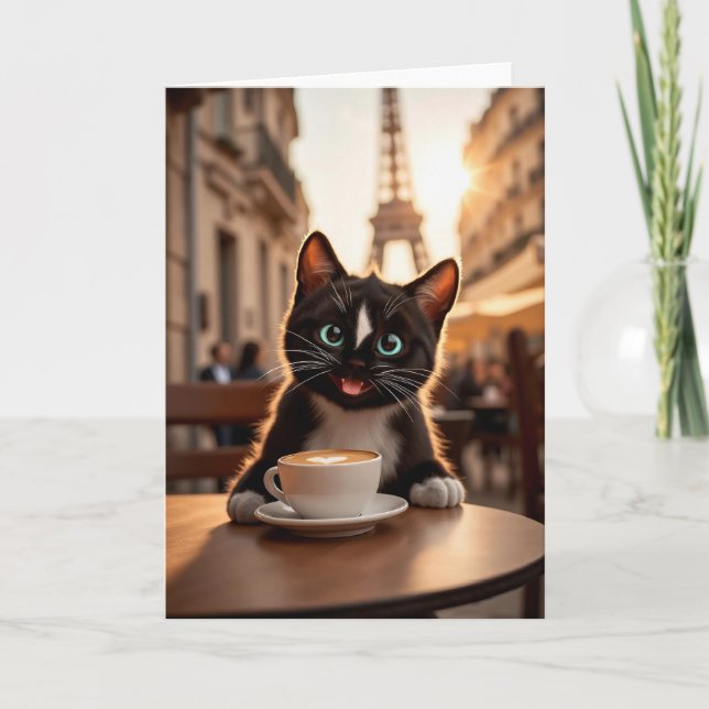 Invitación Felini Cat en París | Latte Heart & Eiffel Tower (Anverso)