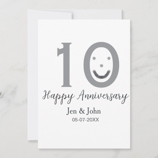 Invitación Feliz 10° aniversario fecha gris emoji negrita (Anverso)