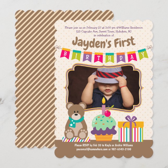 Invitación Feliz 1° cumpleaños Teddybear Pastel de repostería (Anverso / Reverso)