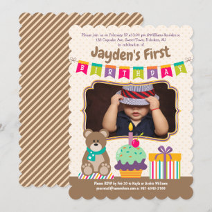 Invitación Feliz 1° cumpleaños Teddybear Pastel de repostería