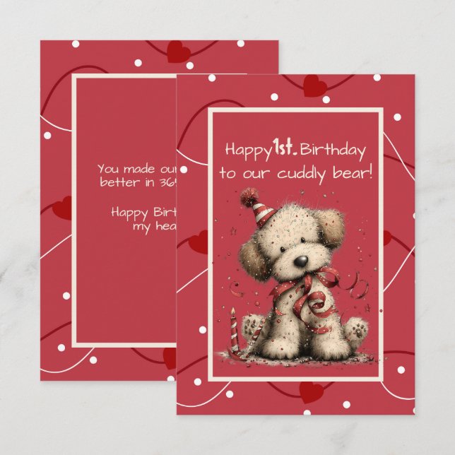 Invitación Feliz 1er cumpleaños a nuestro oso de peluche (Anverso / Reverso)