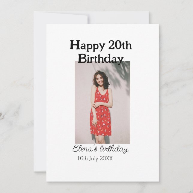 Invitación Feliz 20 cumpleaños foto simple moderna mínima (Anverso)