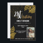 Invitación Feliz 21.ª Foliage de oro Fiesta<br><div class="desc">Feliz 21ª Invitación a la Fiesta de Foliage de Oro. Celebra un hito en estilo con nuestra invitación a los 21 años de Elegante Negro y Oro. Con un sofisticado fondo negro adornado con lujosos follajes dorados, este diseño le da un toque de clase a cualquier celebración. Personalizada con su...</div>