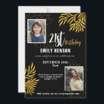 Invitación Feliz 21 aniversario de la Foliage de oro 2 Fiesta<br><div class="desc">Feliz Foliage de oro de cumpleaños número 21 Invitación a la fiesta de fotos. Celebra un hito en estilo con nuestra invitación a los 21 años de Elegante Negro y Oro. Con un sofisticado fondo negro adornado con lujosos follajes dorados, este diseño le da un toque de clase a cualquier...</div>