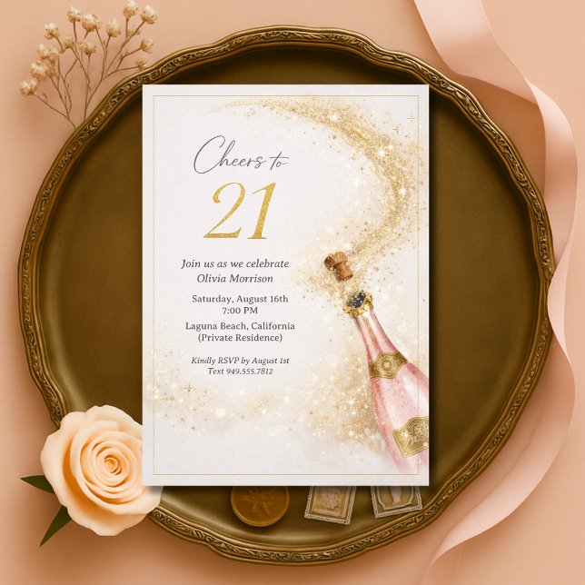 Invitación Feliz 21 cumpleaños champán rosa dorado (Subido por el creador)