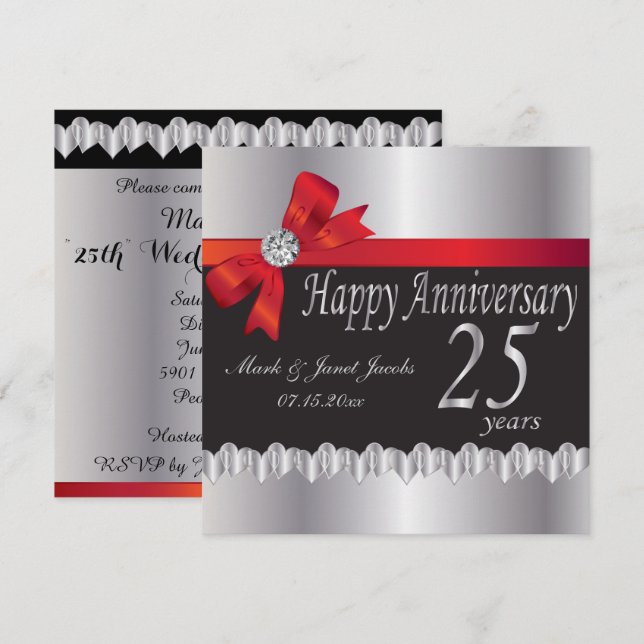 Invitación Feliz 25° aniversario de Boda plateado (Anverso / Reverso)