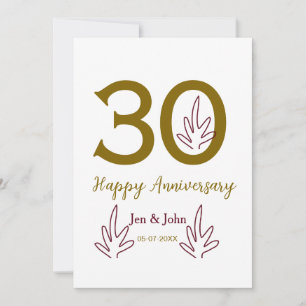 Invitación Feliz 30º aniversario nombre fecha hoja dorada roj