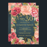 Invitación Feliz 30 moda floral elegante fiesta de 30 años<br><div class="desc">Elegante y lujoso estilo romántico vintage estilo 30 cumpleaños, plantilla de invitación a la fiesta con rosas de peones y purpurinas de color rosa y melocotón color crema, bordes de flores y cuerdas rústicas doradas o luces de manitas en un fondo de pizarra azul de medianoche. — La invitación es...</div>