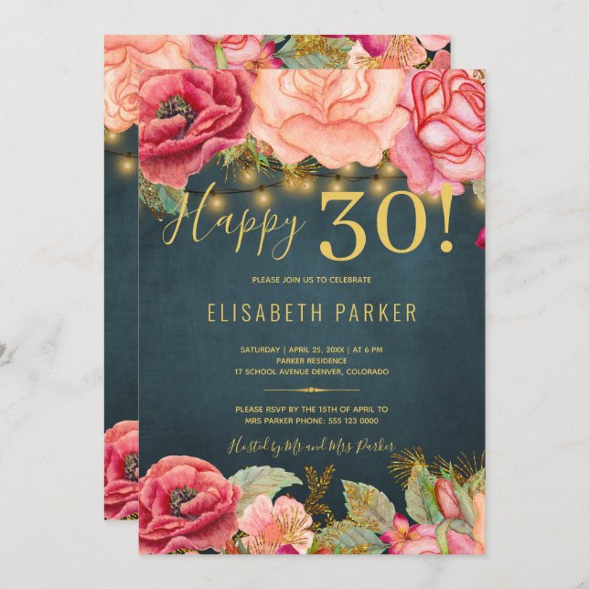 Invitación Feliz 30 moda floral elegante fiesta de 30 años (Anverso / Reverso)