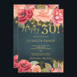 Invitación Feliz 30 moda floral elegante fiesta de 30 años<br><div class="desc">Elegante y lujoso estilo romántico vintage estilo 30 cumpleaños, plantilla de invitación con rosas de peones y guirnaldas color rosa y crema de melocotón purpurina y guirnaldas y cuerdas rústicas doradas o luces intermitentes en un fondo de pizarra azul de medianoche. — La invitación es apta para la primavera o...</div>
