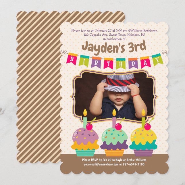 Invitación Feliz 3° cumpleaños colorido pastelitos Bunting Ph (Anverso / Reverso)
