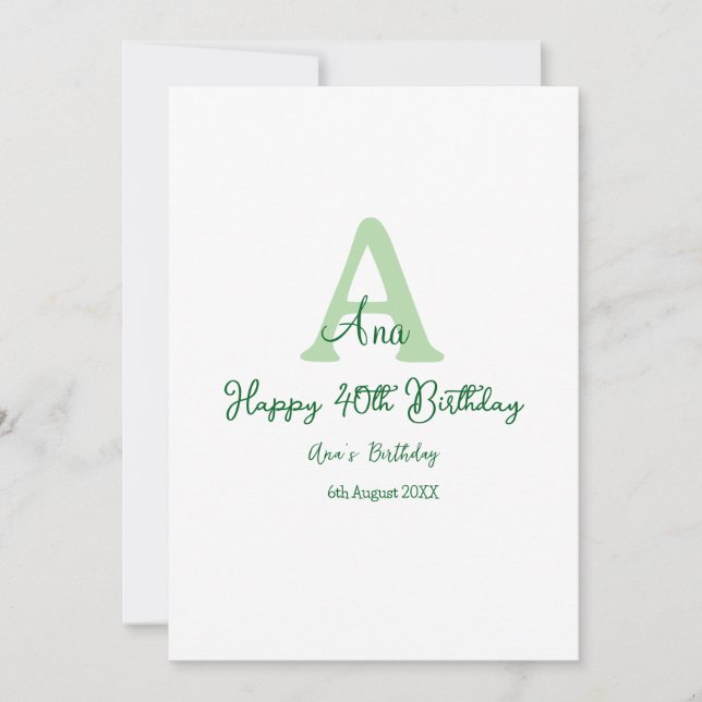 Invitación Feliz 40 cumpleaños verde añadir nombre monograma  (Anverso)