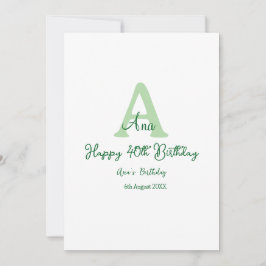 Invitación Feliz 40 cumpleaños verde añadir nombre monograma