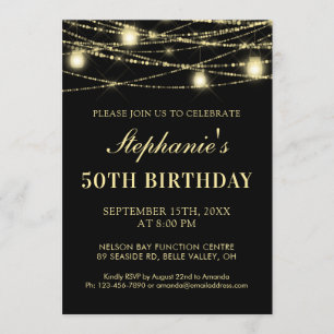 Invitación Feliz 50 cumpleaños Black Gold Lights Mason Jars