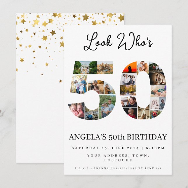 Invitación feliz 50 cumpleaños Collage de fotos oro y blanco (Anverso / Reverso)