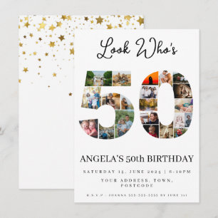 Invitación feliz 50 cumpleaños Collage de fotos oro y blanco