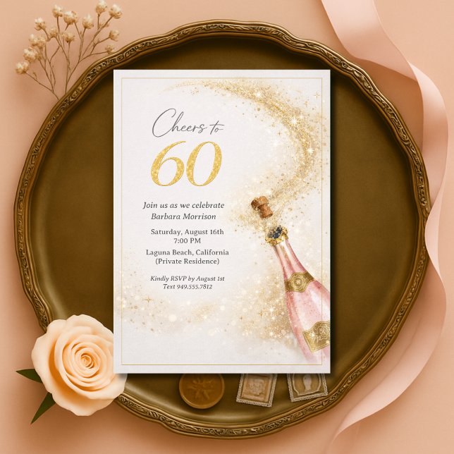 Invitación Feliz 60 cumpleaños champán rosa y dorado (Subido por el creador)