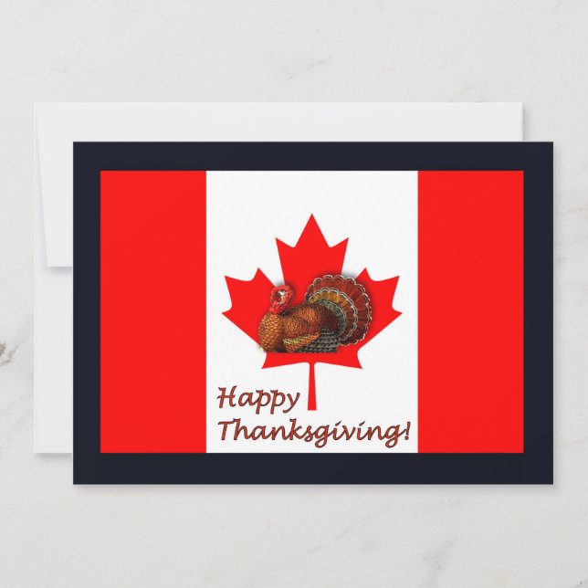 Invitación Feliz Acción de Gracias Canadá con bandera y pavo (Anverso)