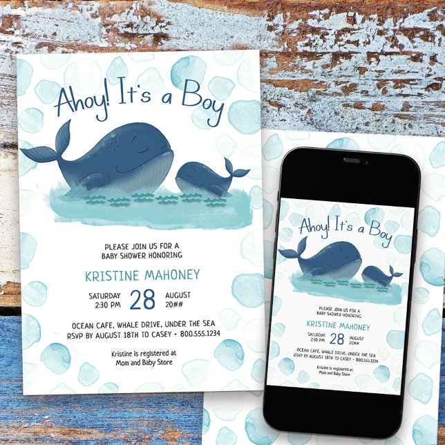 Invitación Feliz acuarela de ballena, hoy es un niño Baby Sho (Boy Baby Shower Invitation from my Happy Whale collection. Message if you need different items.
)