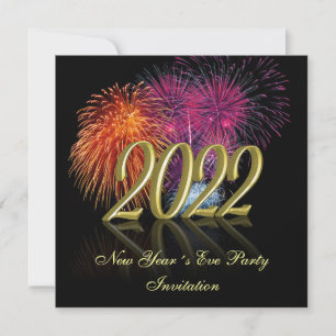 Invitación Feliz Año Nuevo 2022 Fuegos Artificiales de Oro