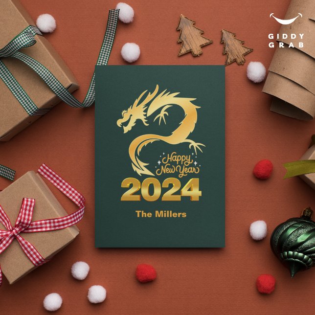 Invitación Feliz Año Nuevo 2024, verde dragón chino dorado (Subido por el creador)