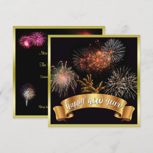 Invitación Feliz Año Nuevo Brillante y Fuegos Artificiales No