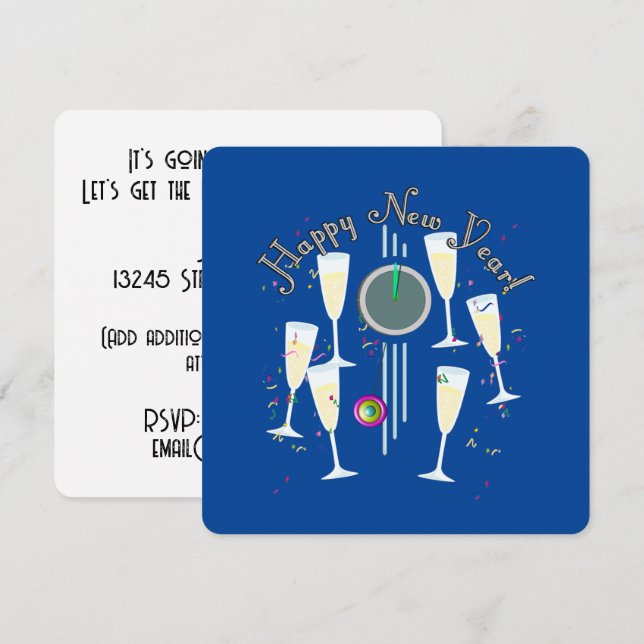 Invitación Feliz Año Nuevo - Copas de Champán y Reloj (Anverso / Reverso)