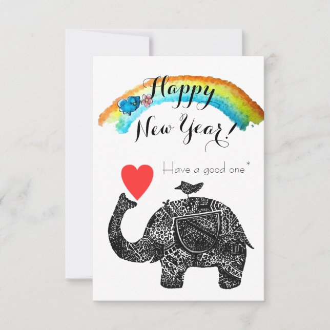 Invitación Feliz Año Nuevo Elefante y Ave Azul (Anverso)