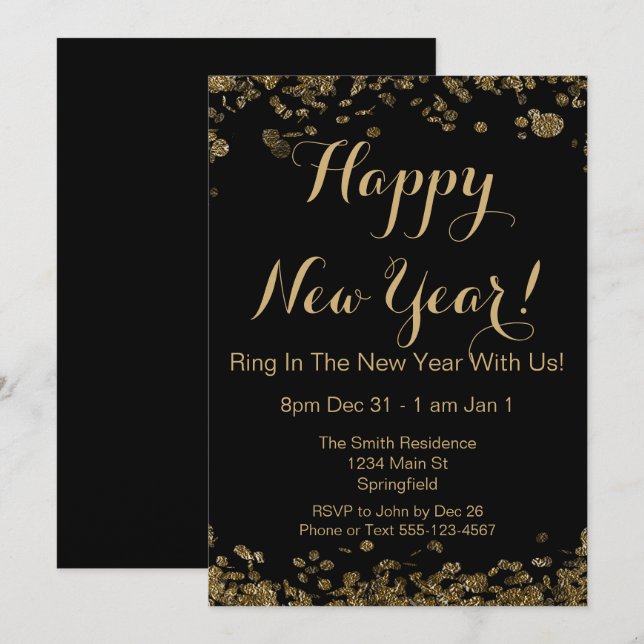 Invitación Feliz Año Nuevo Elegante Confetti Negro y Oro (Anverso / Reverso)