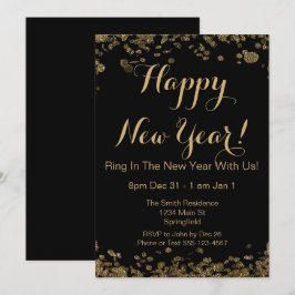Invitación Feliz Año Nuevo Elegante Confetti Negro y Oro