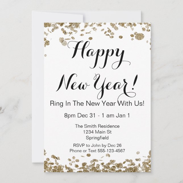 Invitación Feliz Año Nuevo Elegante Oro y Confetti Blanco (Anverso)