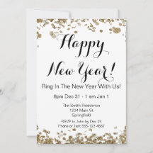 Feliz Año Nuevo Elegante Oro y Confetti Blanco