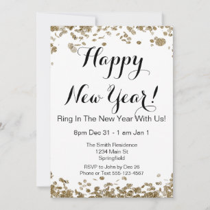 Invitación Feliz Año Nuevo Elegante Oro y Confetti Blanco