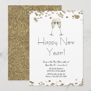 Invitación Feliz Año Nuevo Elegante Purpurina de Oro y Blanco