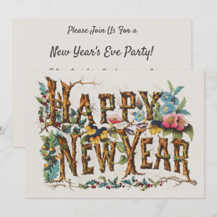 Invitación Feliz Año Nuevo en troncos de árboles, bellotas y 
