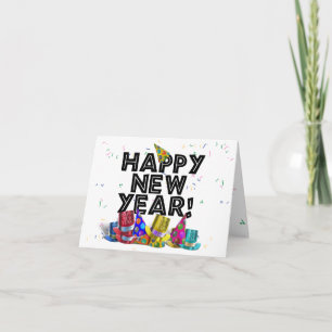Invitación Feliz Año Nuevo - Texto Negro con Gorros de Fiesta