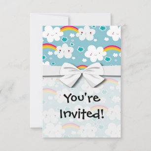 Invitación feliz arcoiris kawaii y patrón de cielo en la nube