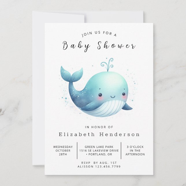 Invitación Feliz Baby Shower de ballena editable (Anverso)