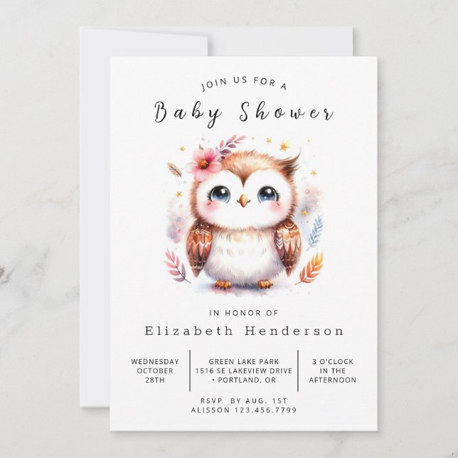 Invitación Feliz Baby Shower de búho digital (Anverso)