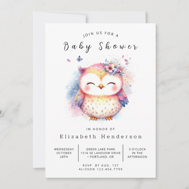 Invitación Feliz Baby Shower de búho editable (Anverso)