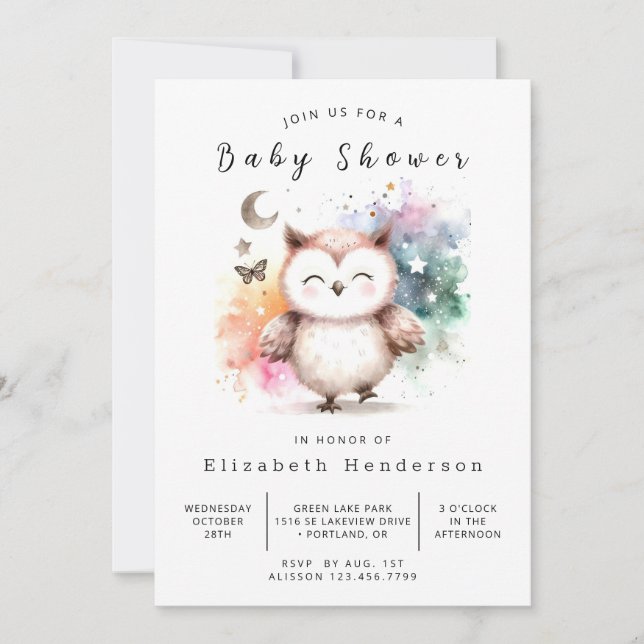 Invitación Feliz Baby Shower de búho en línea (Anverso)