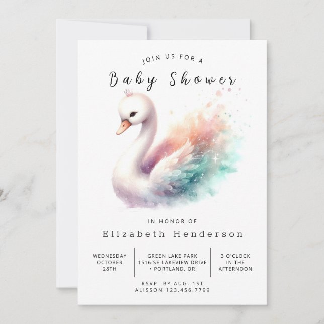 Invitación Feliz Baby Shower de Swan editable (Anverso)